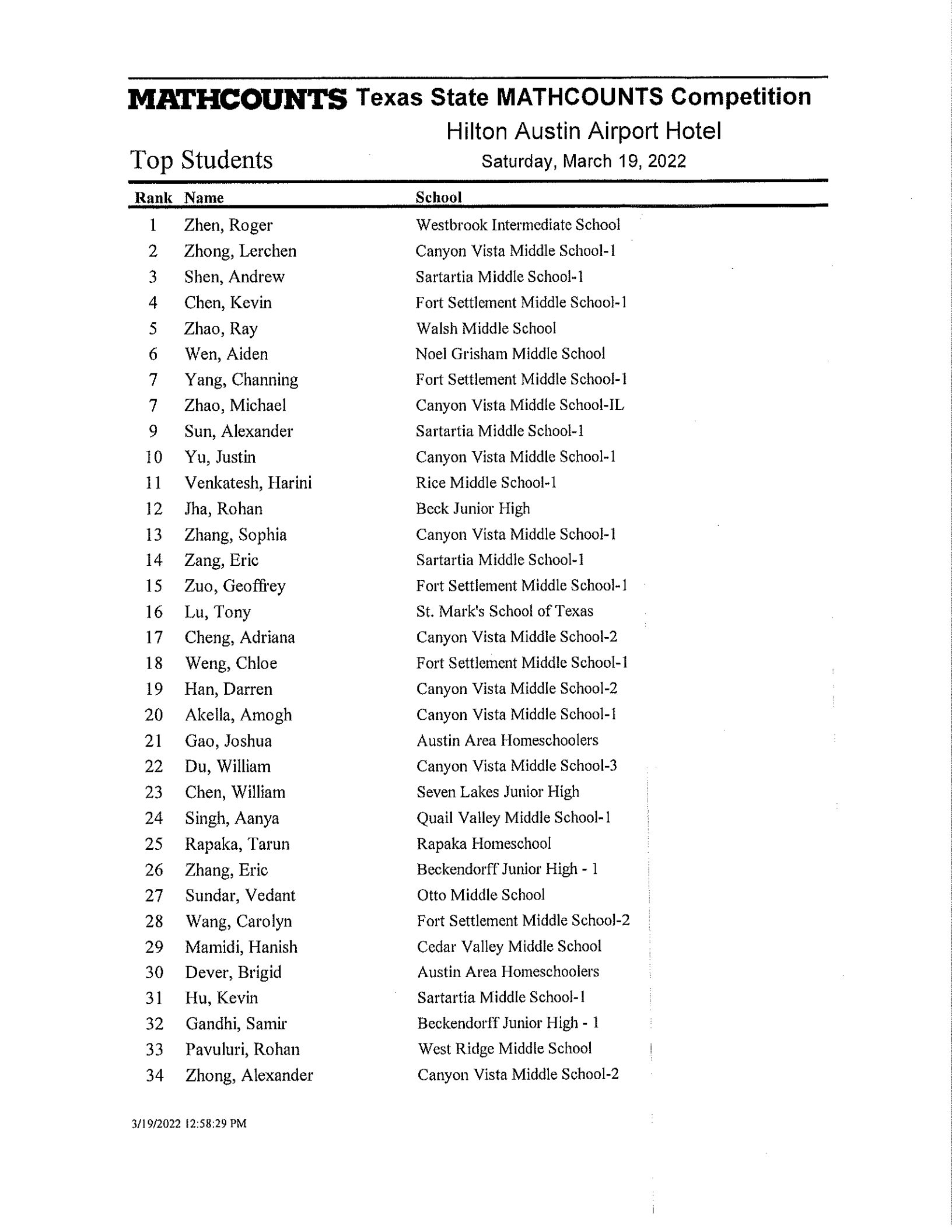 Texas State MATHCOUNTS Competition The Katy News