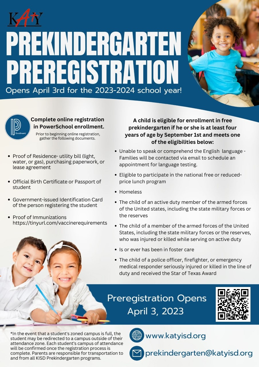 Katy ISD Prekindergarten Registration for 20232024 Begins April 3