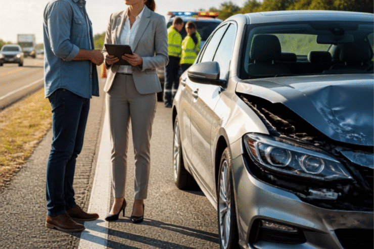 A modern sedan with visible front-end damage parked safely on the roadside after a minor collision. A police vehicle and emergency responders are visible in the background, while the driver calmly speaks with an attorney who has arrived to offer guidance.