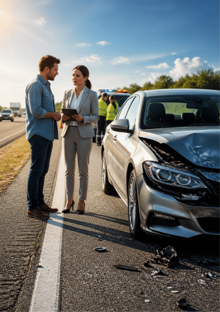 A modern sedan with visible front-end damage parked safely on the roadside after a minor collision. A police vehicle and emergency responders are visible in the background, while the driver calmly speaks with an attorney who has arrived to offer guidance.