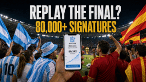 Argentina and Spain supporters react as World Cup final replay petition