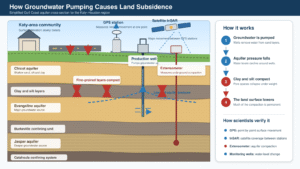 Diagram explaining how groundwater pumping compresses Gulf Coast aquifer layers and causes land subsidence in Katy, Texas