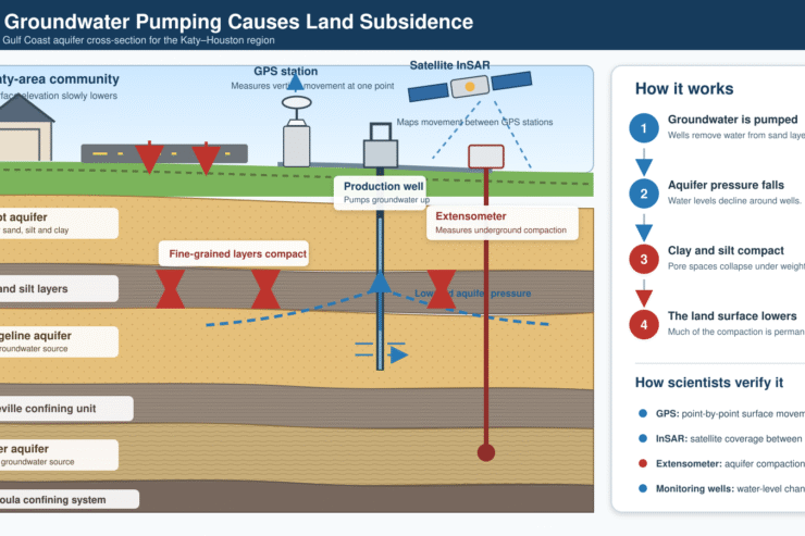 Diagram explaining how groundwater pumping compresses Gulf Coast aquifer layers and causes land subsidence in Katy, Texas