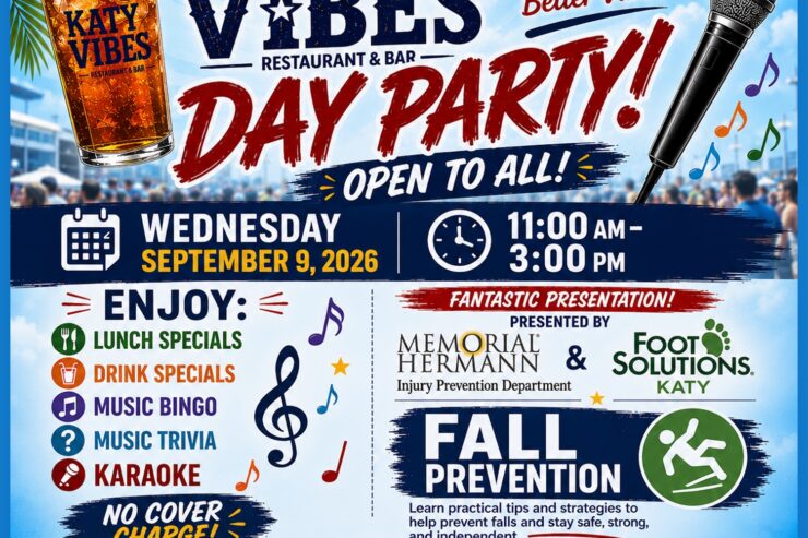 Katy Vibes Day Party in Katy featuring music, food specials, karaoke and a fall-prevention presentation on September 9, 2026