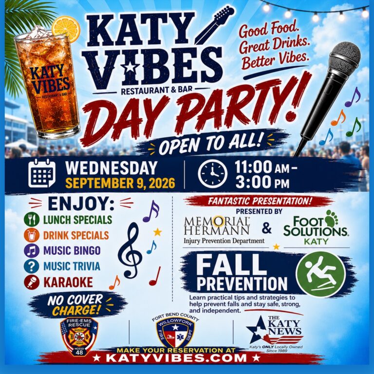 Katy Vibes Day Party in Katy featuring music, food specials, karaoke and a fall-prevention presentation on September 9, 2026