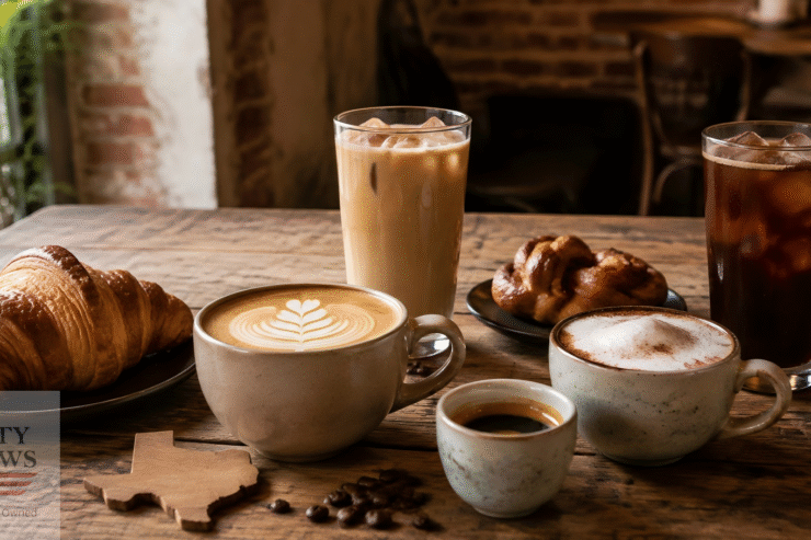 Coffee drinks and pastries representing some of the best coffee shops in Katy, Texas