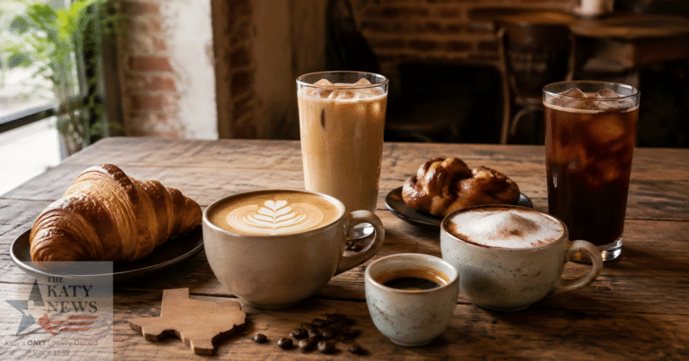 Coffee drinks and pastries representing some of the best coffee shops in Katy, Texas