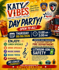 Katy Vibes day party flyer featuring HCESD 48, Willowfork Fire Department and The Katy News.