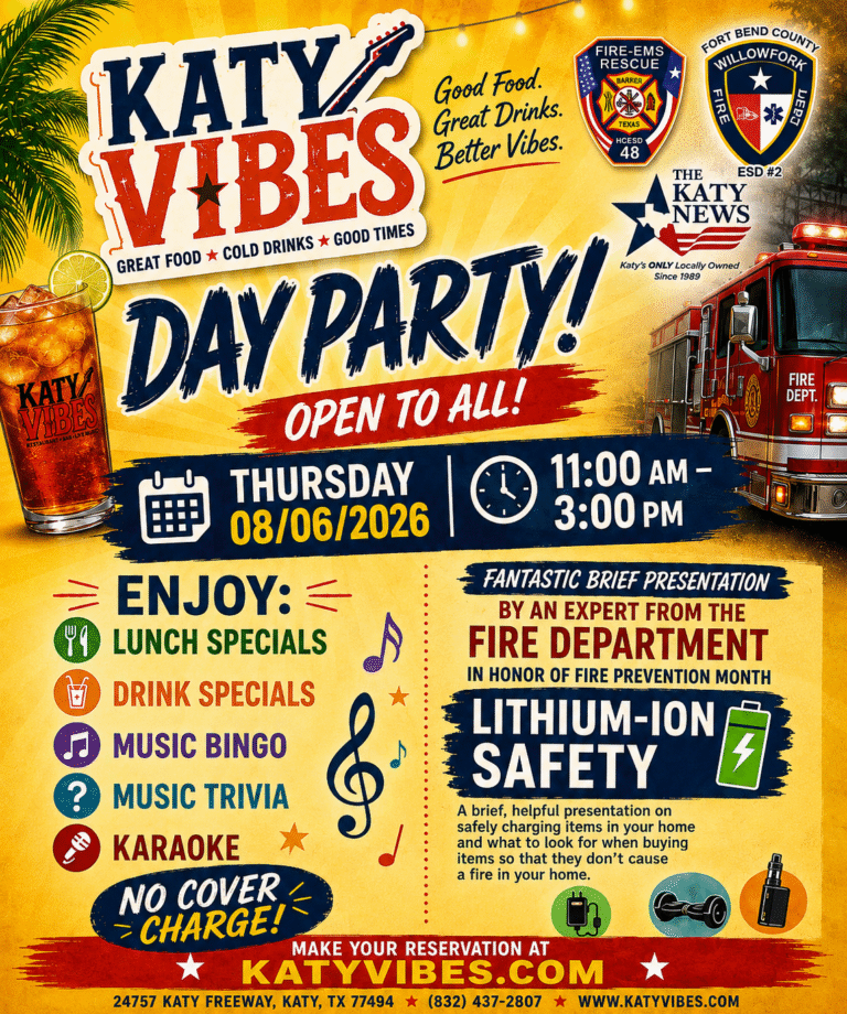 Katy Vibes day party flyer featuring HCESD 48, Willowfork Fire Department and The Katy News.