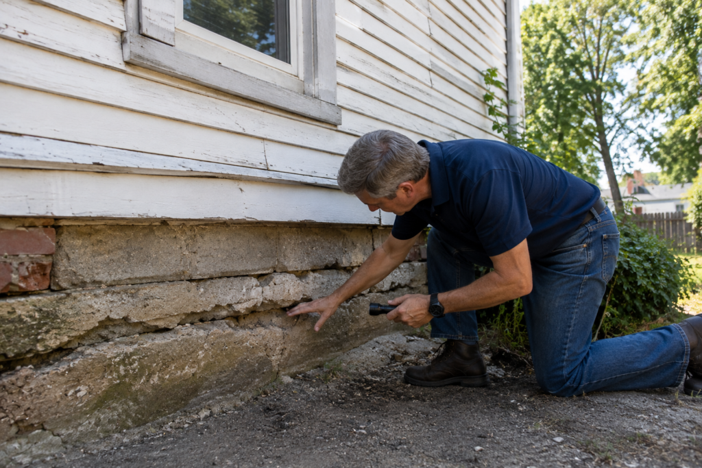 Man in blue shirt inspecting the foundation of an old home