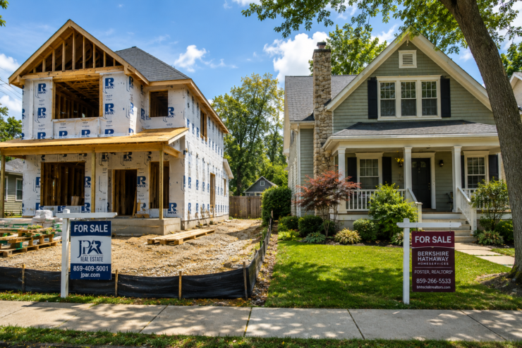 unfinished home next to finished home with for sale sign