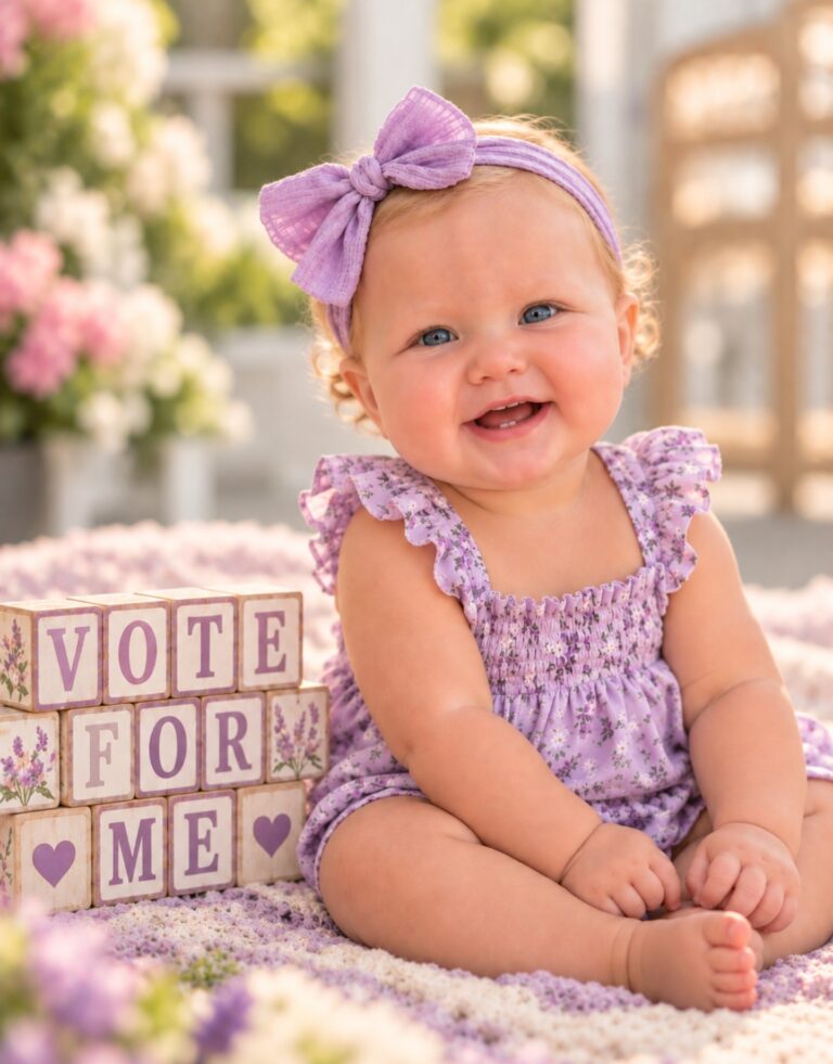 baby wearing purple headband with bow